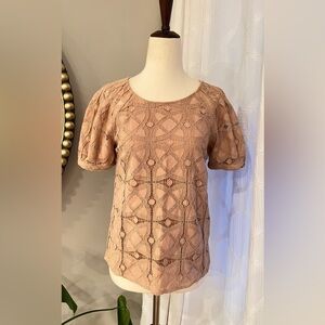 Anthropologie - Mauve - Tan Embroidered Floral Top - XS